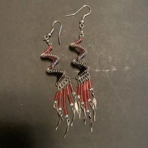 Silver and Red Chandelier Earrings-Native American-Southwest-Beads-Dream Catcher